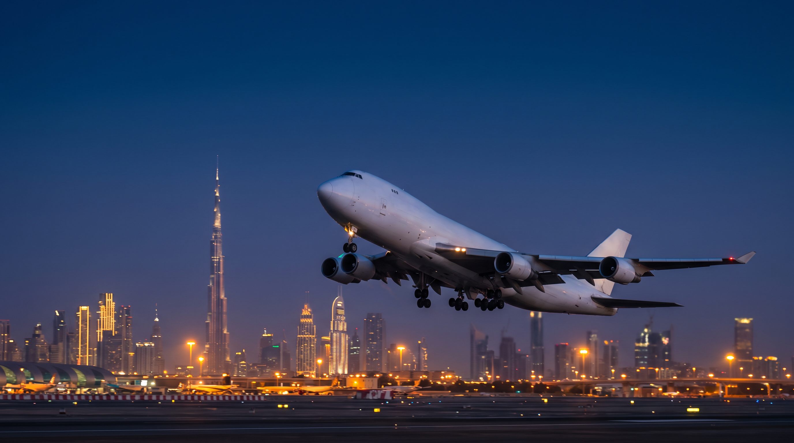 Cargo aircraft flying over Dubai skyline at sunset