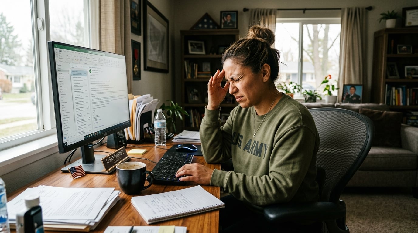 A Latina woman veteran pushing through a migraine at her work desk