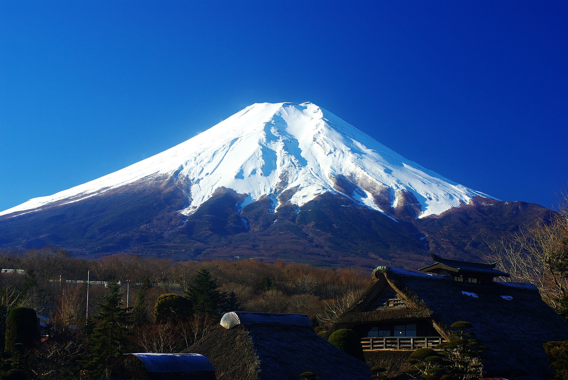 Snow-capped cone of Mount Fuji