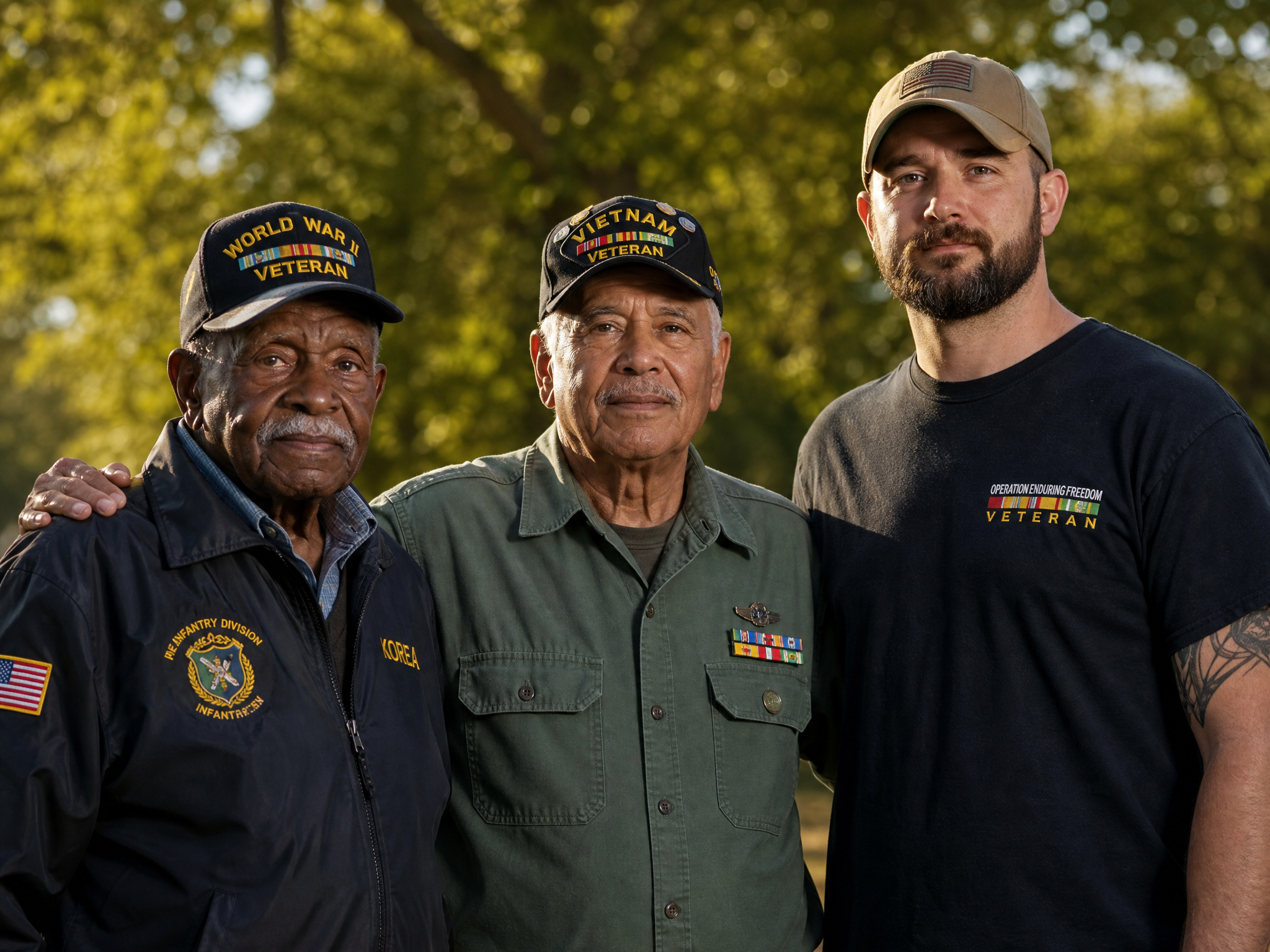 Three generations of American veterans - WWII, Vietnam, and post-9/11 - standing together with quiet pride