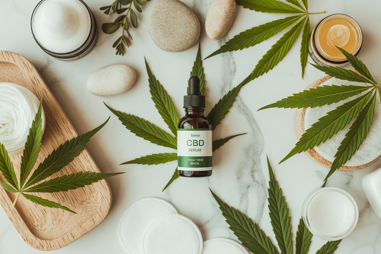 Complete CBD skincare routine with serum and natural elements