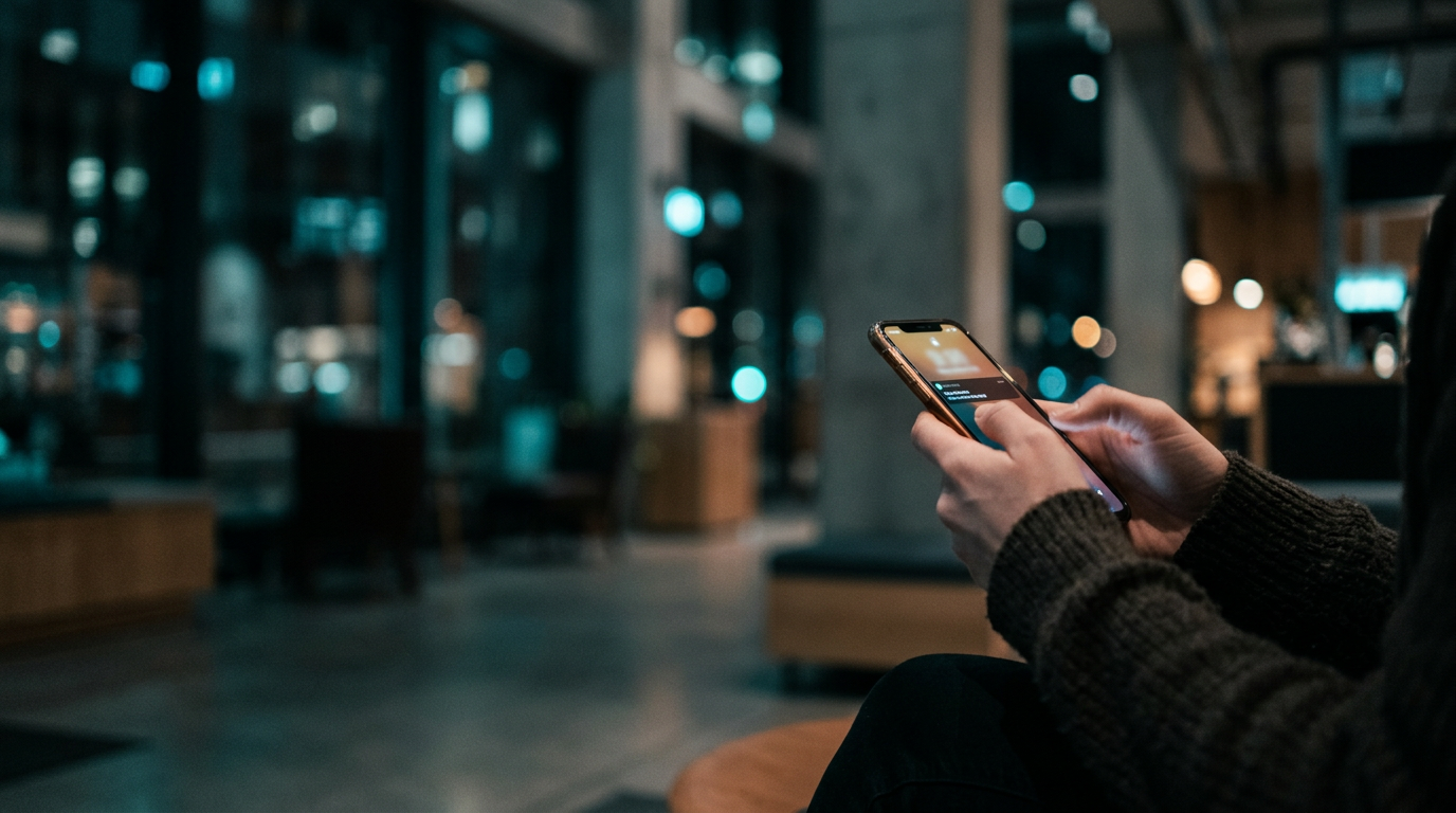 Softly lit hands holding a glowing smartphone at night, evoking digital vigilance
