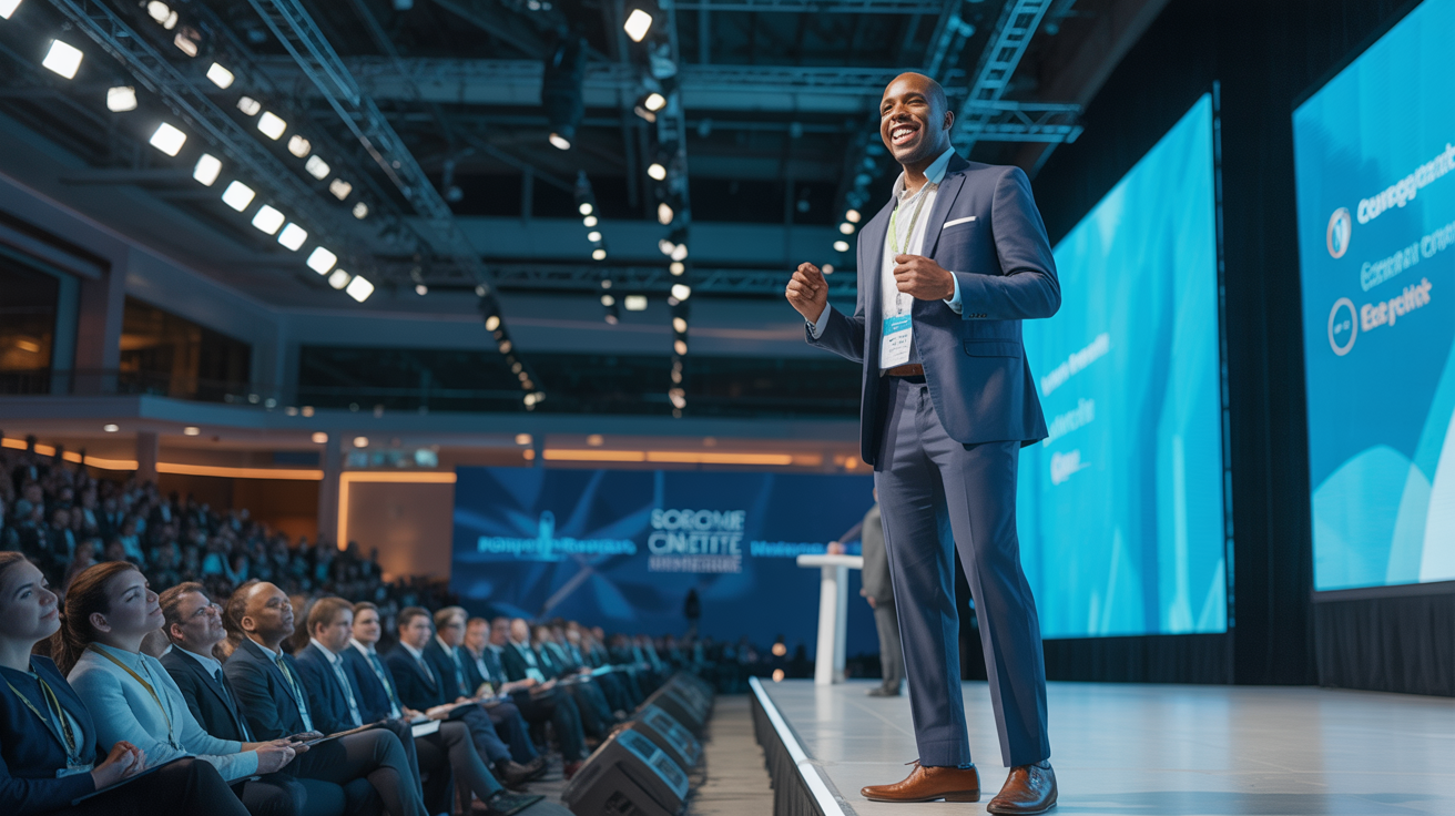 Professional keynote speaking engagement at a corporate conference
