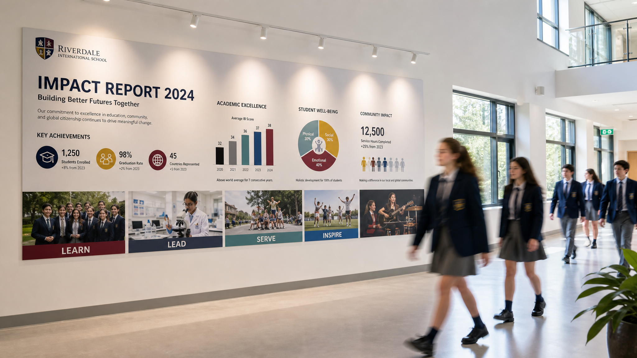 Large-format infographic wall graphic in a modern school corridor