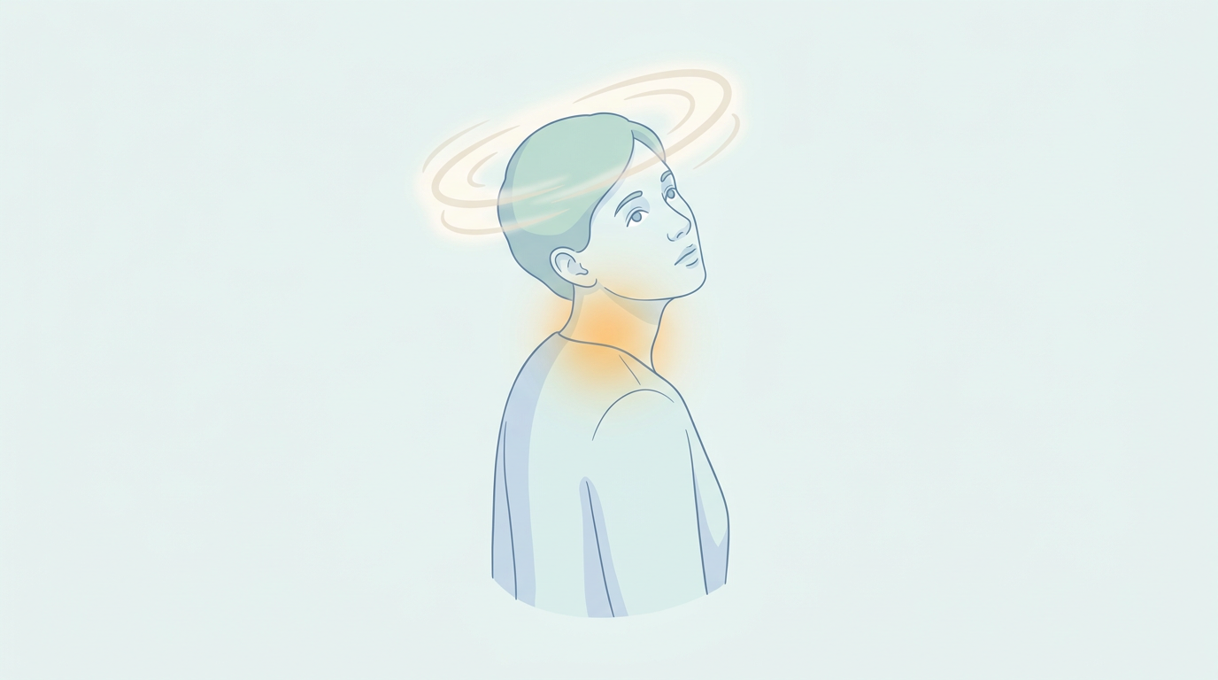 Illustration of a person turning their head to the side as dizziness swirls and the neck glows amber