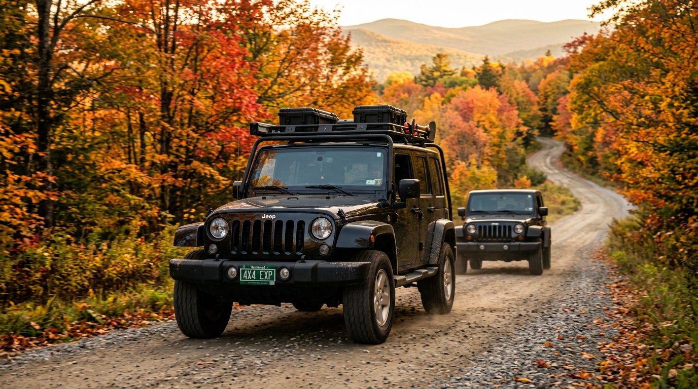 Two black Jeep Wranglers driving in convoy on a dirt back road through Vermont autumn foliage