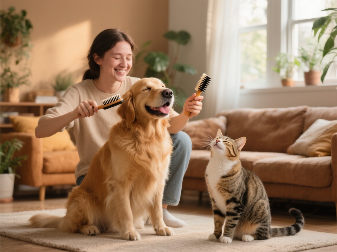 A happy dog and a relaxed cat being gently brushed together by their owner, both enjoying the moment.