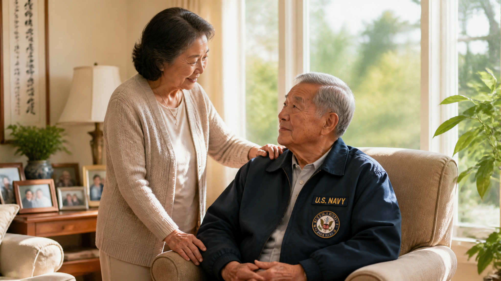 A senior Asian American wife caring for her veteran husband at home, the spouse who can be paid as his caregiver