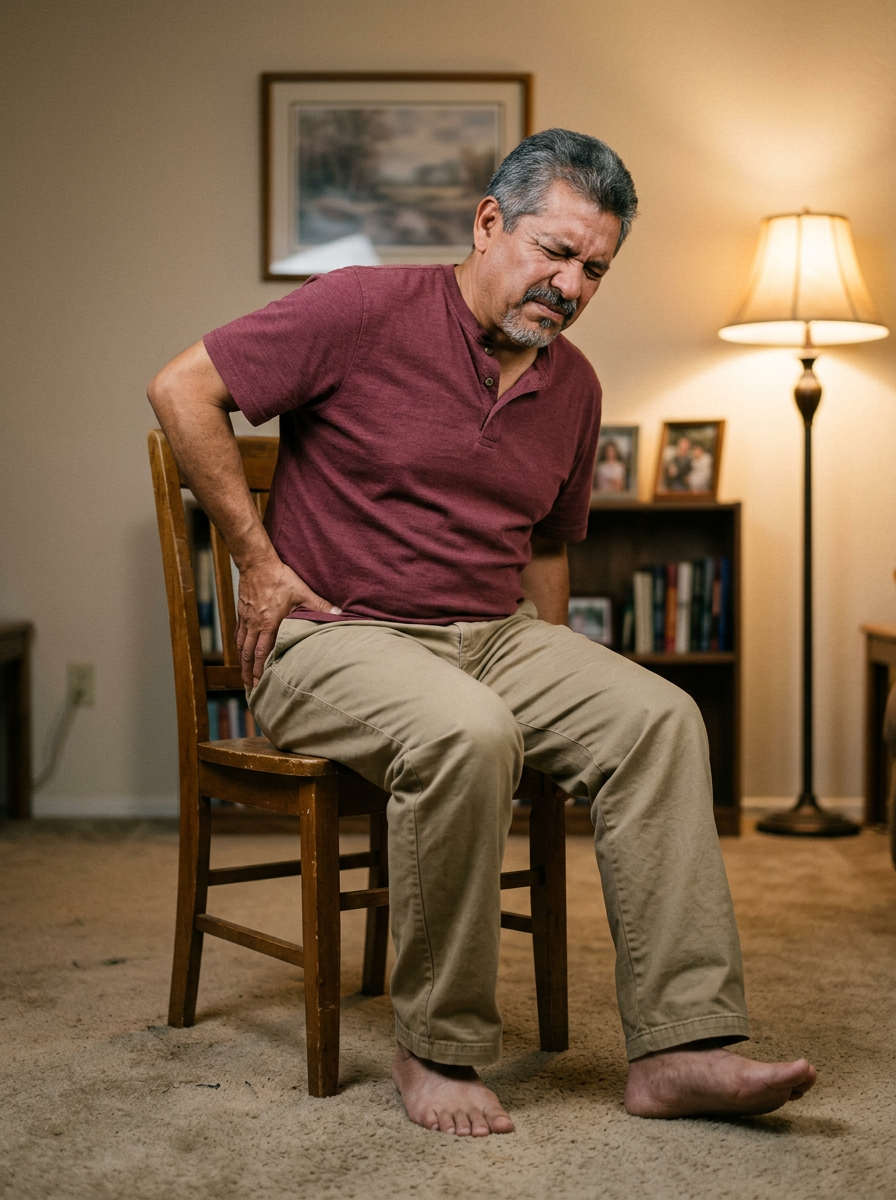 Hispanic male veteran in his 50s sitting in a chair with his hand on his outer hip grimacing in pain from hip rotation limitation
