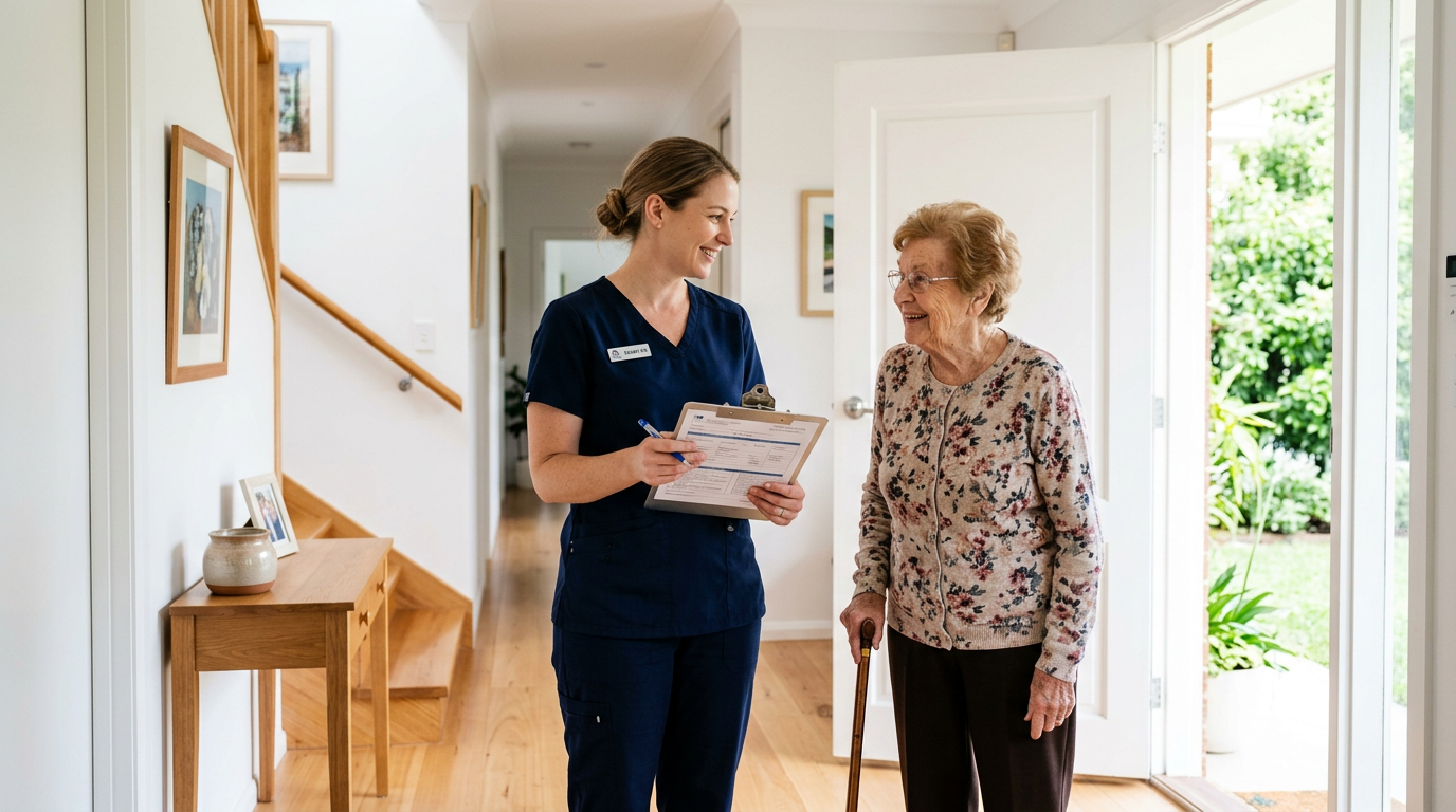Friendly nurse smiling warmly at home entrance