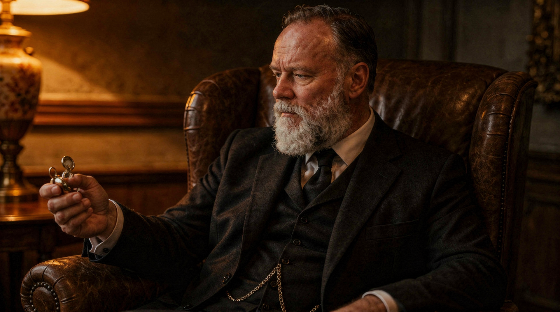 Mycroft Holmes — seated in a leather Chesterfield armchair, holding a pocket watch, deep in thought