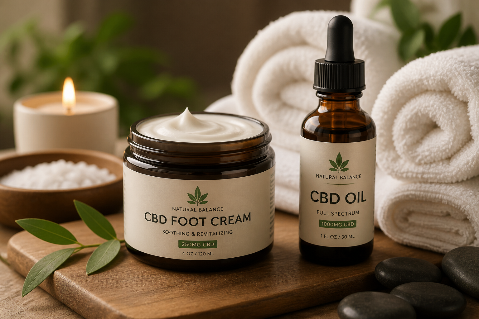 CBD cream being applied to feet in a relaxing spa setting