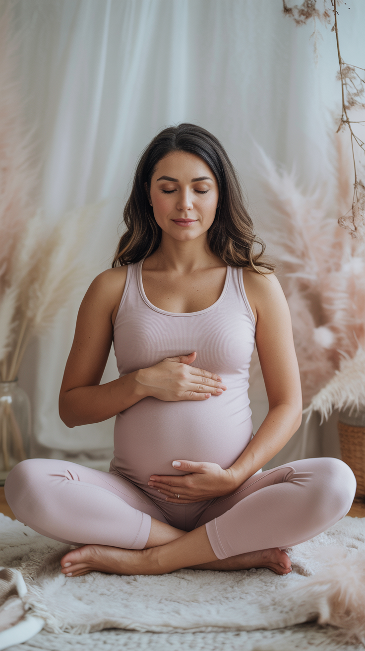 Gestante em pose zen representando tranquilidade e bem-estar
