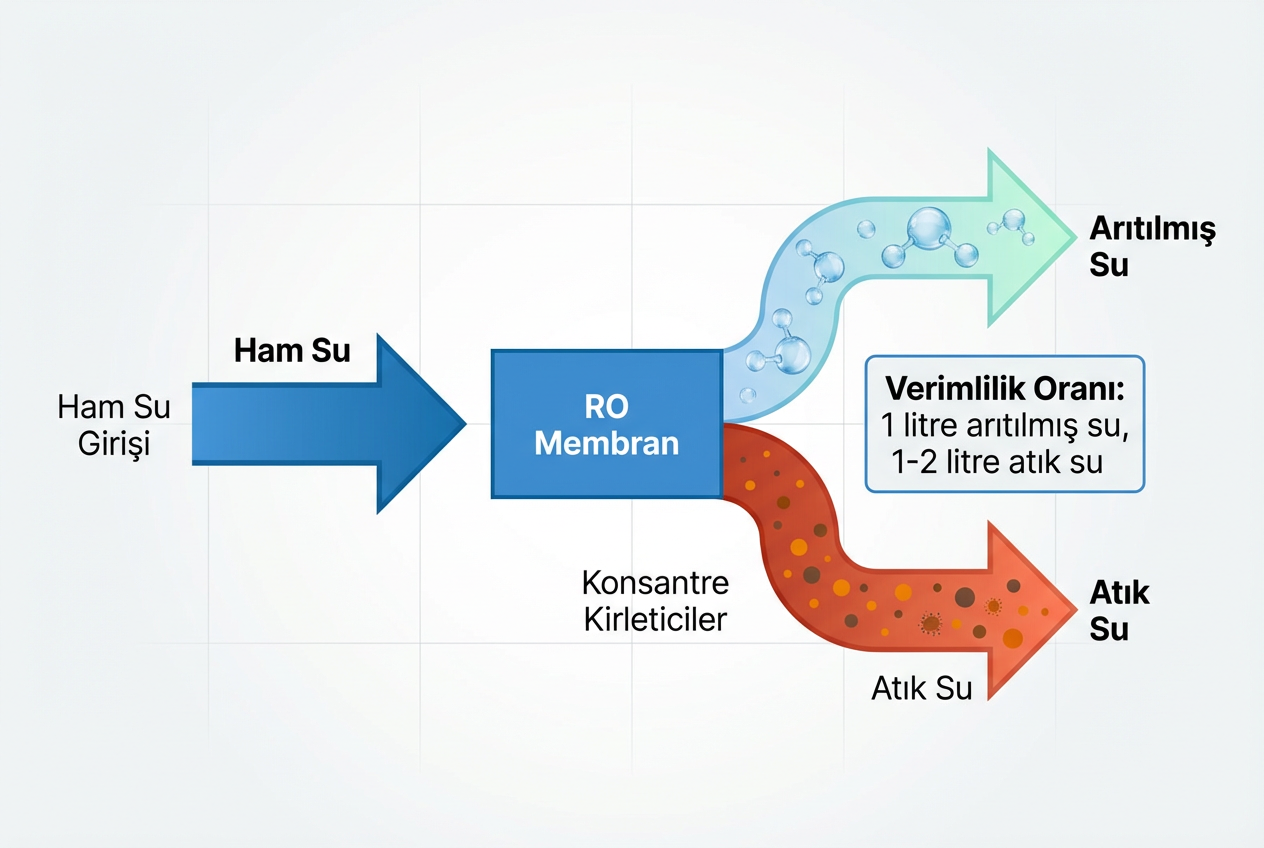 Ters ozmoz sisteminde atık su oluşum diyagramı: giriş suyu, membran geçişi, arıtılmış su ve atık su akış yollarını gösteren teknik şema