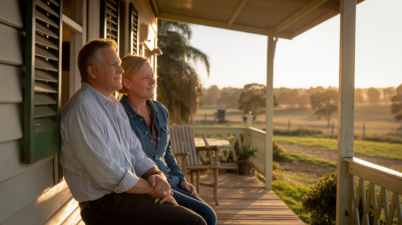 Couple relaxed on farmhouse porch at golden hour