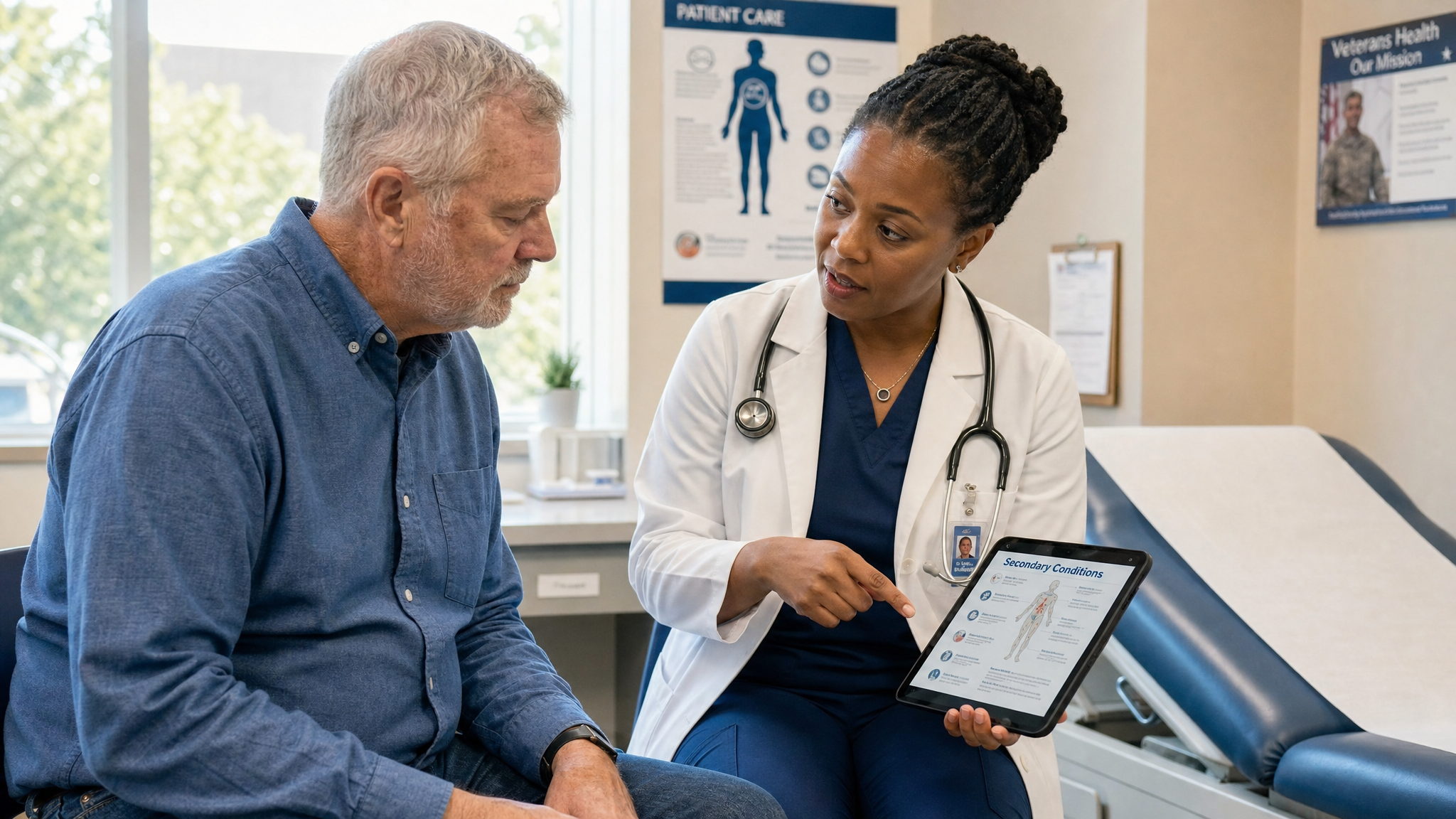 A senior White male veteran and a Black female physician reviewing a medical chart together, discussing how one health condition led to another