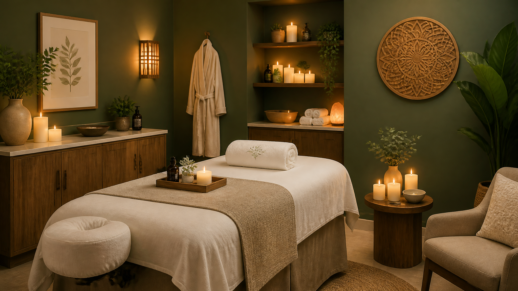 Sala de tratamento do spa preparada com velas e toalhas