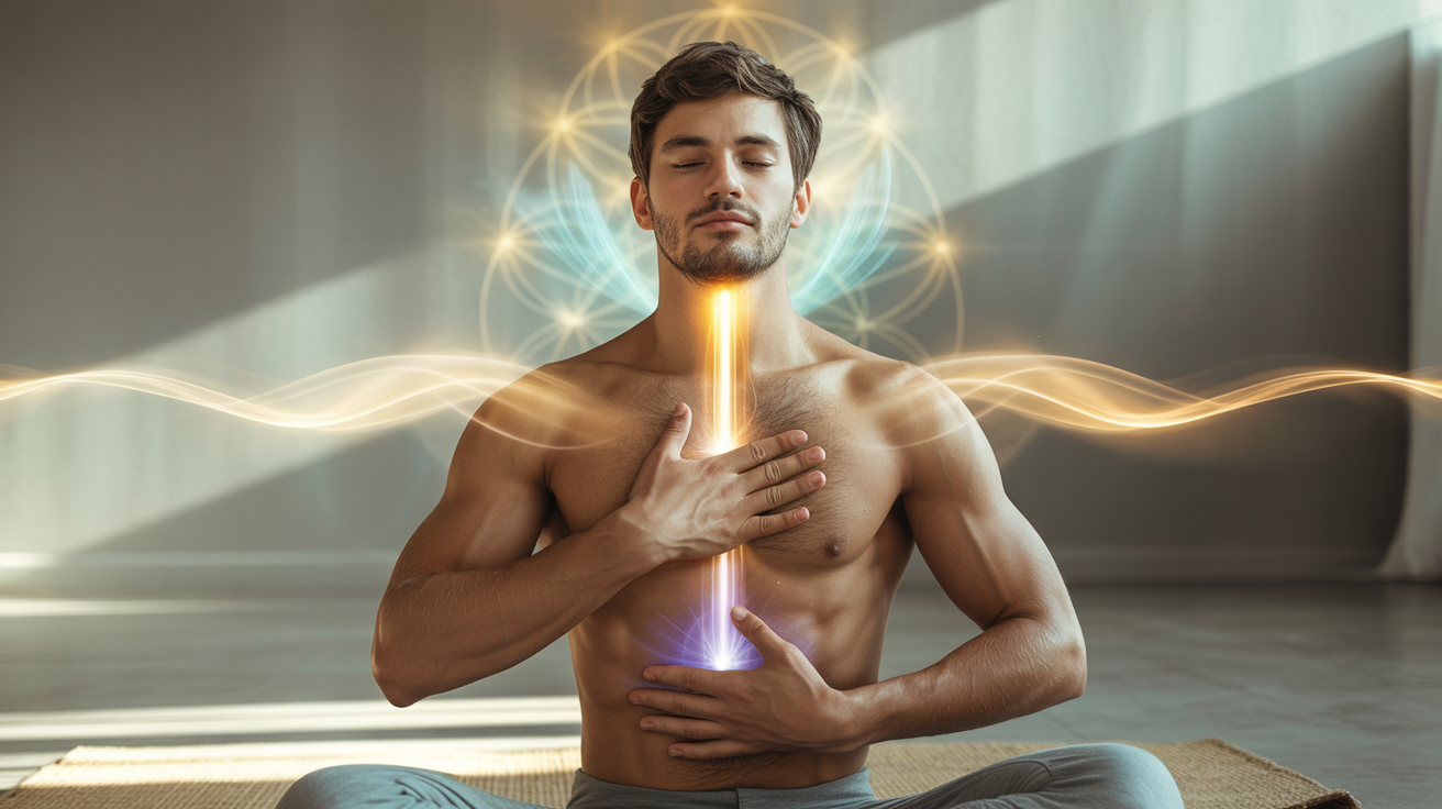 Mladi snažni čovek u Ujjayi disanju sa zlatnom pranom. Svesnost kroz meditaciju – muškarac praktikuje Ujjayi disanje sa fokusom na unutrašnji energetski tok i kontrolu daha, tehnika okeanskog disanja za smirenje uma