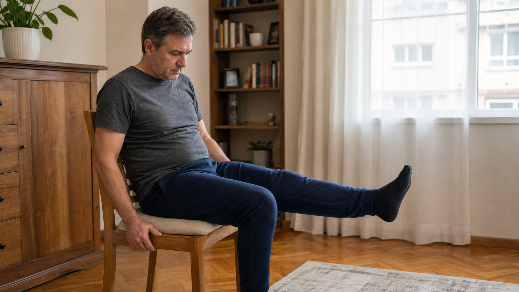 Photograph of a man seated with one leg held straight out in front of him because the fused knee cannot bend