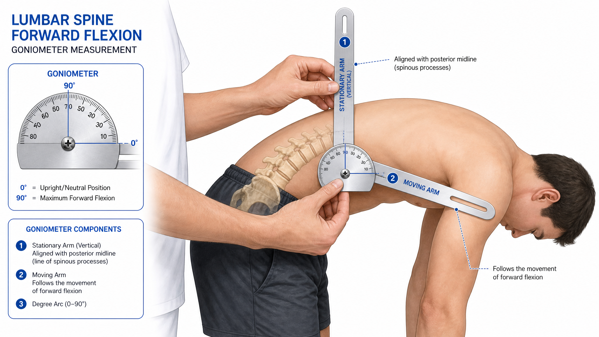 Clinical illustration of a goniometer aligned against the lumbar spine to measure forward flexion in degrees