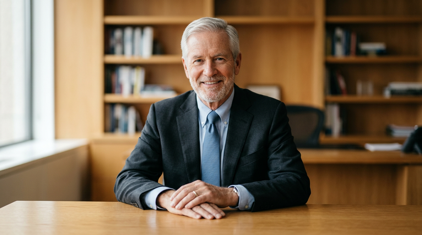 An older white man advocate with silver-gray hair in a dark charcoal suit sitting at a clean wooden desk in a warmly-lit professional office with a bookshelf behind him