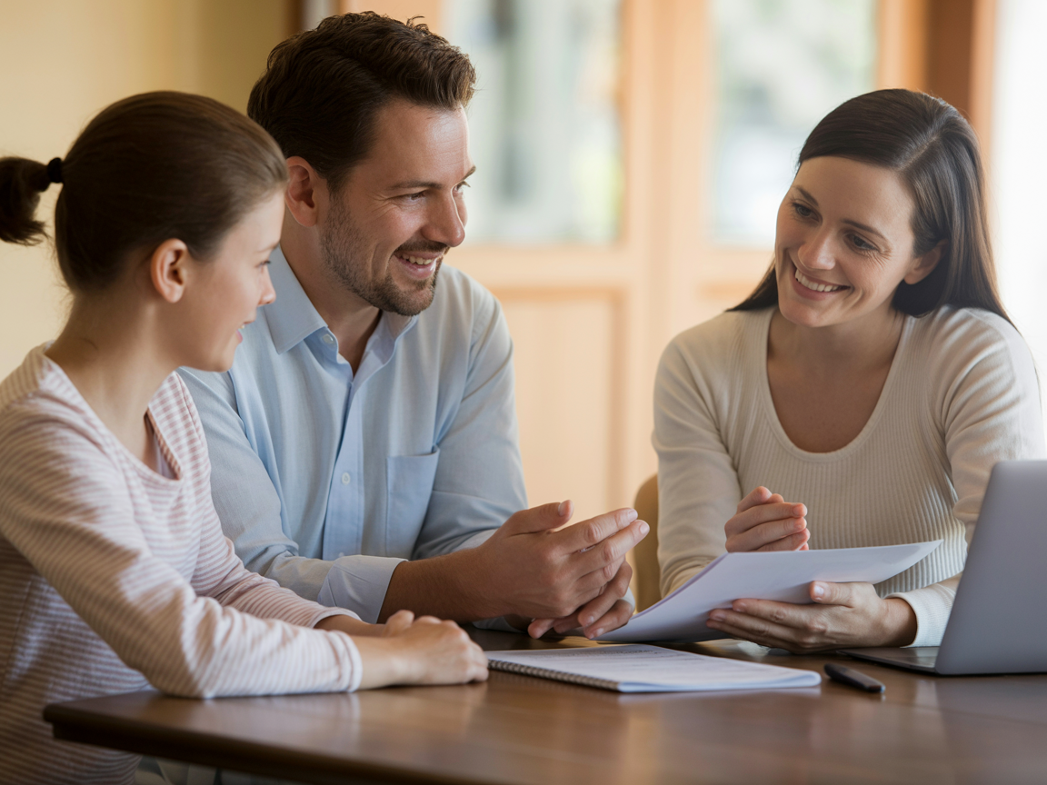 A friendly professional helping a family review plans at a table in a warm, supportive setting