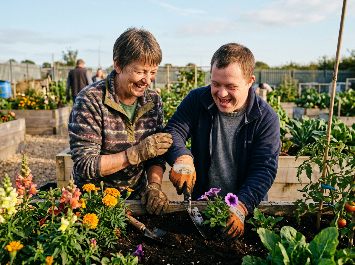 A caregiver and a participant laughing together while gardening