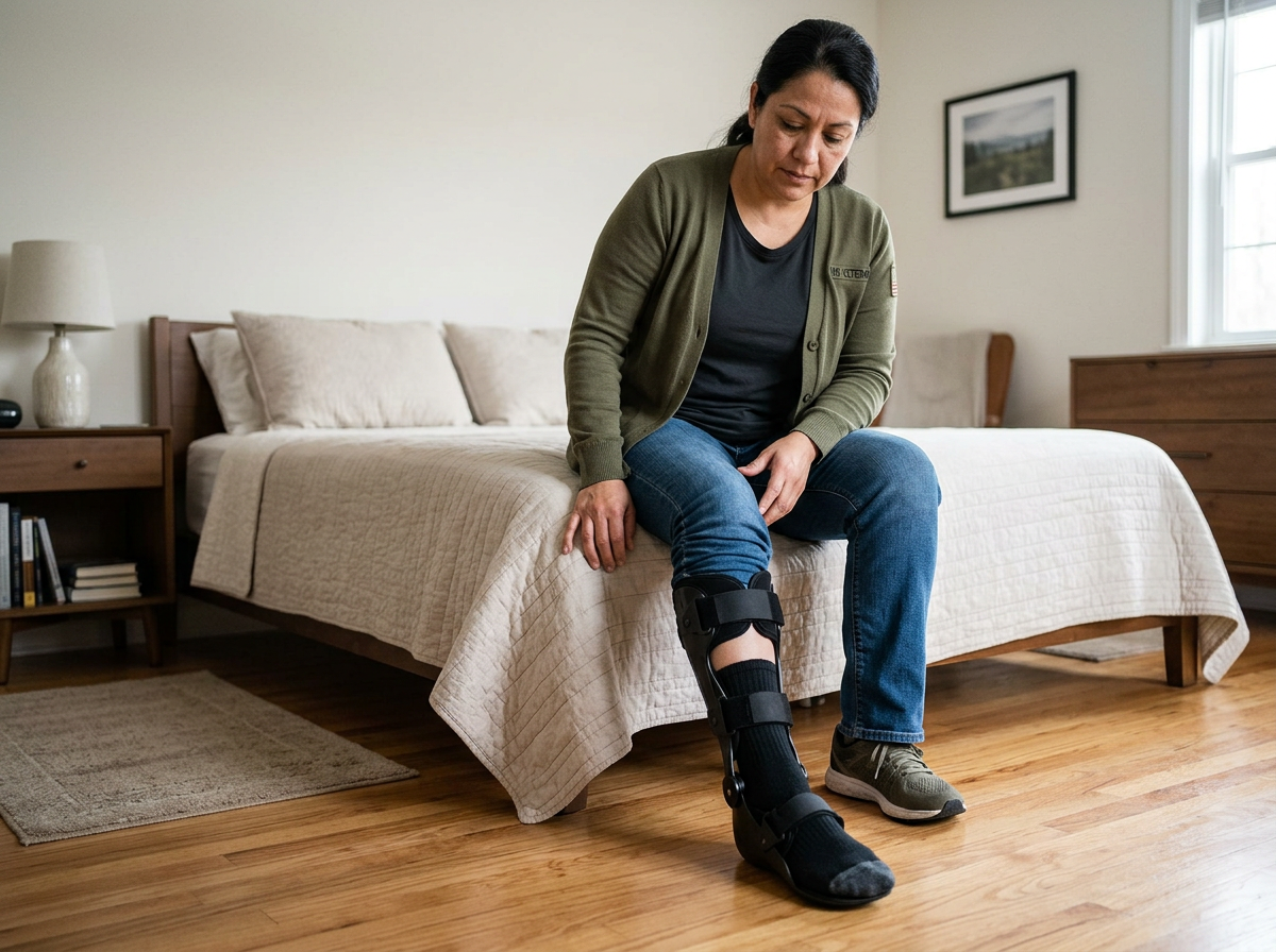Hispanic female veteran with ankle brace showing foot drop and loss of propulsion