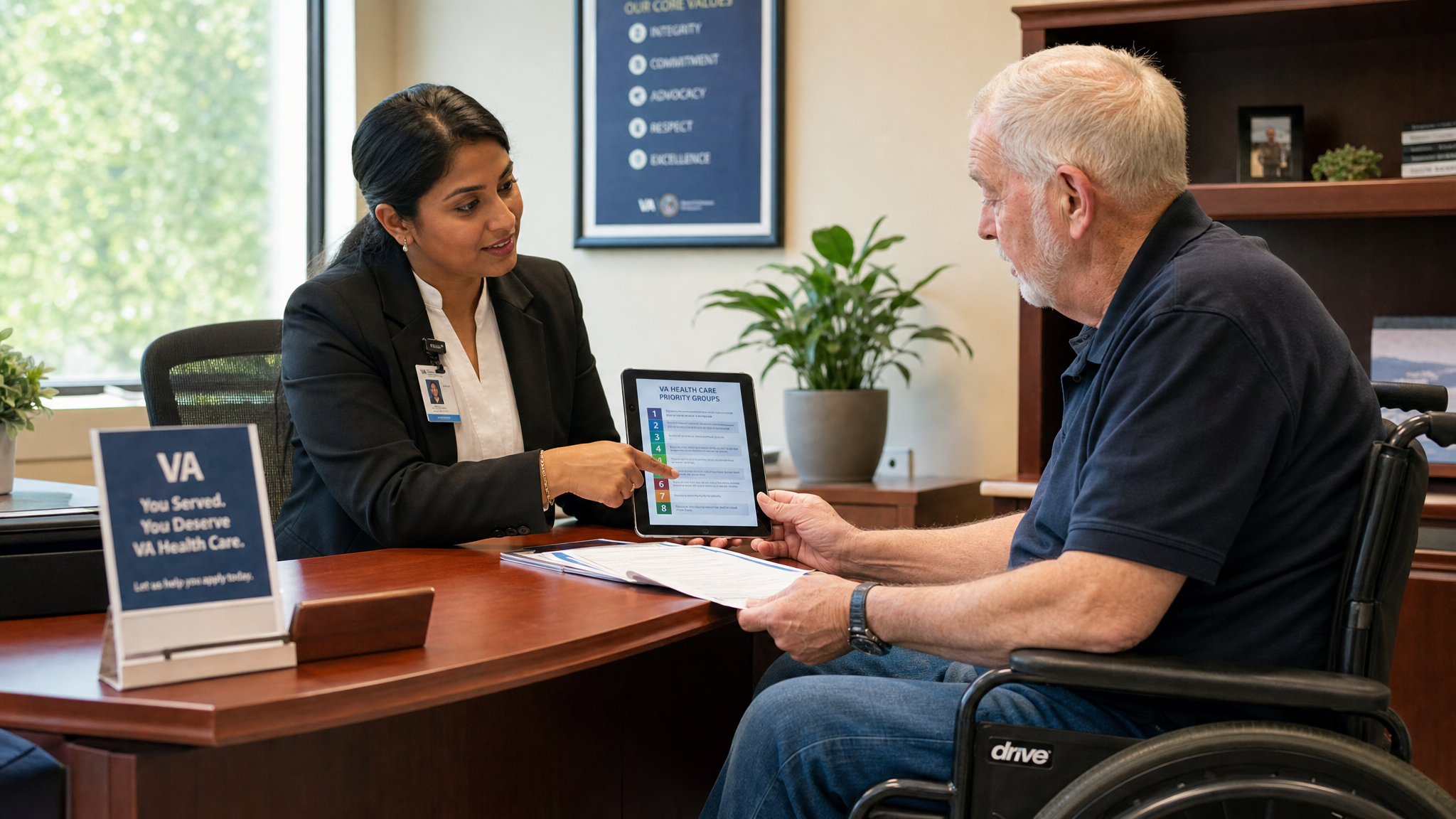 A VA enrollment counselor explaining priority groups and copays to a veteran