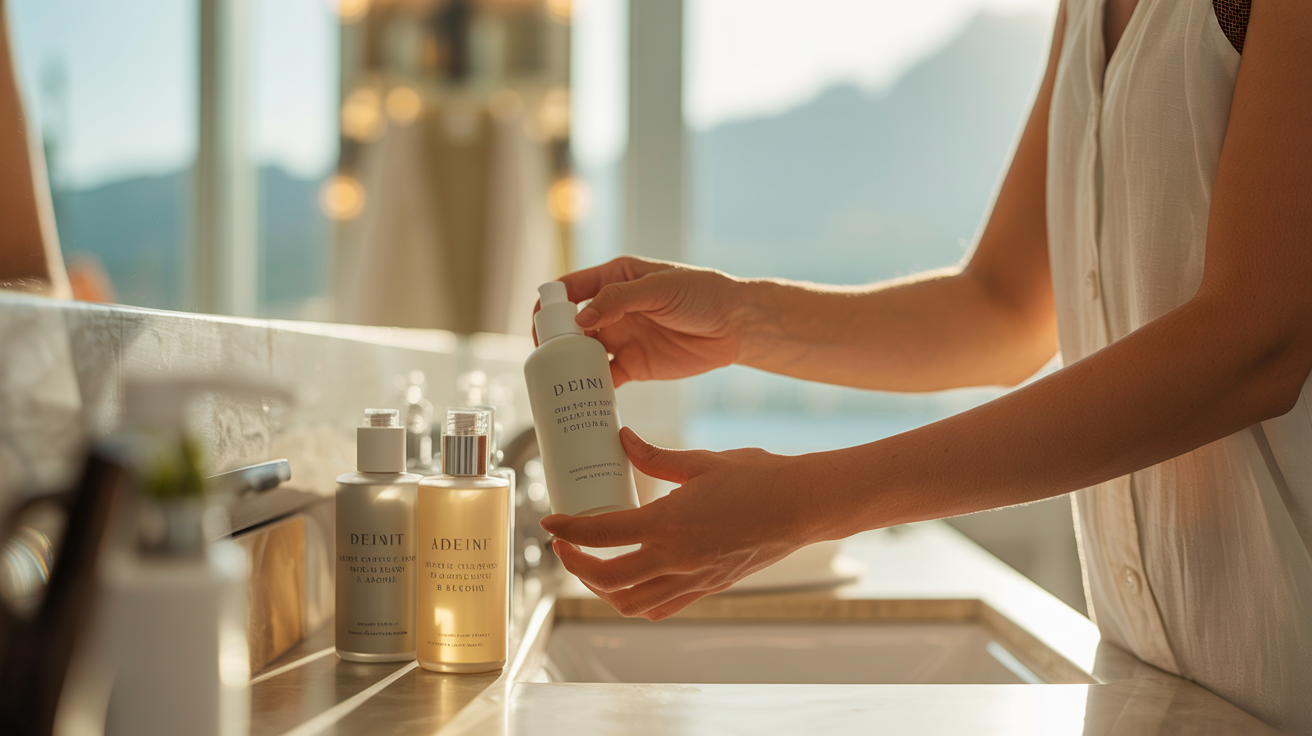 Hands arranging StayWorthy amenity bottles in a bright coastal bathroom
