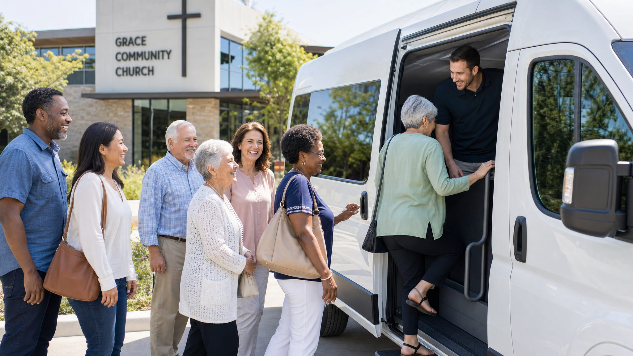 Church group boarding a shuttle van outside a modern church