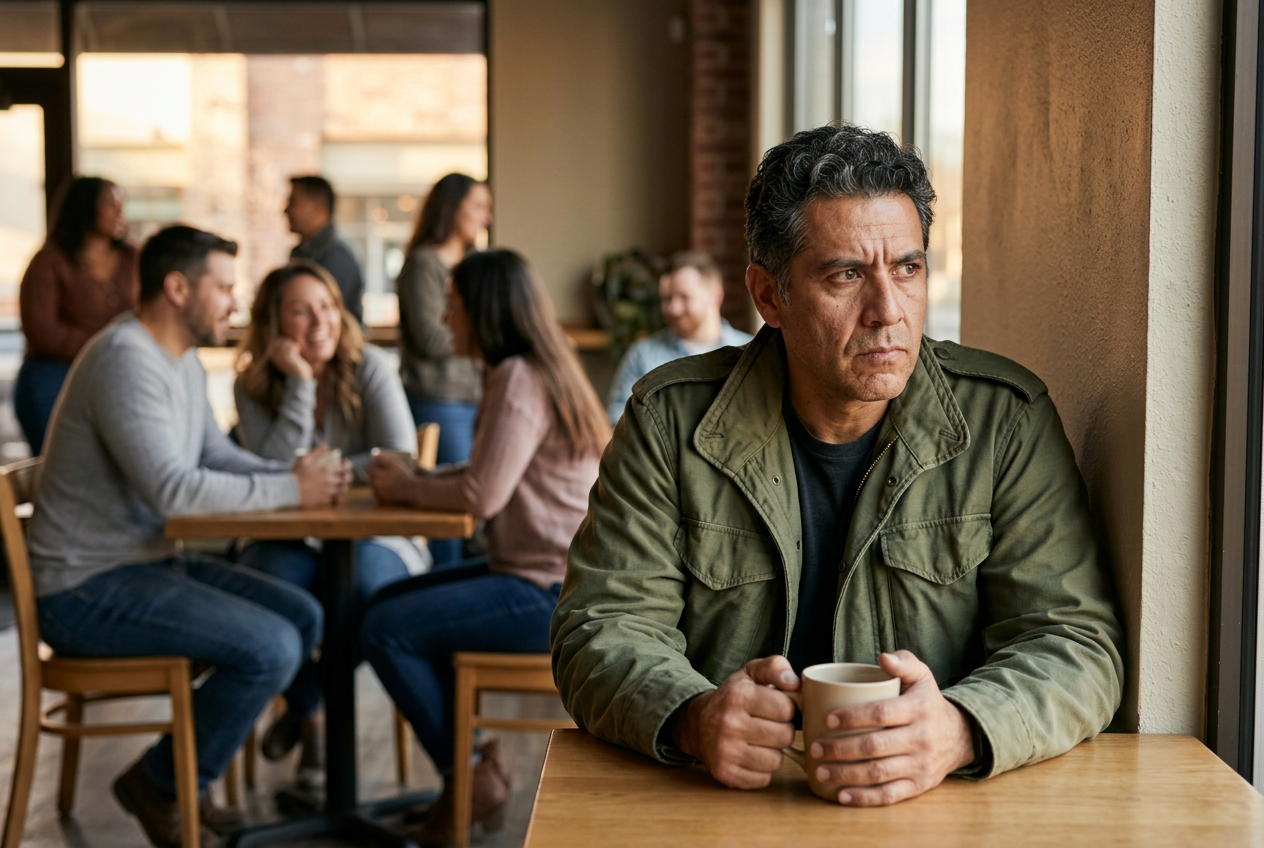 A man sitting at a cafe table with his back firmly to the wall, scanning the room with a tense, wary posture