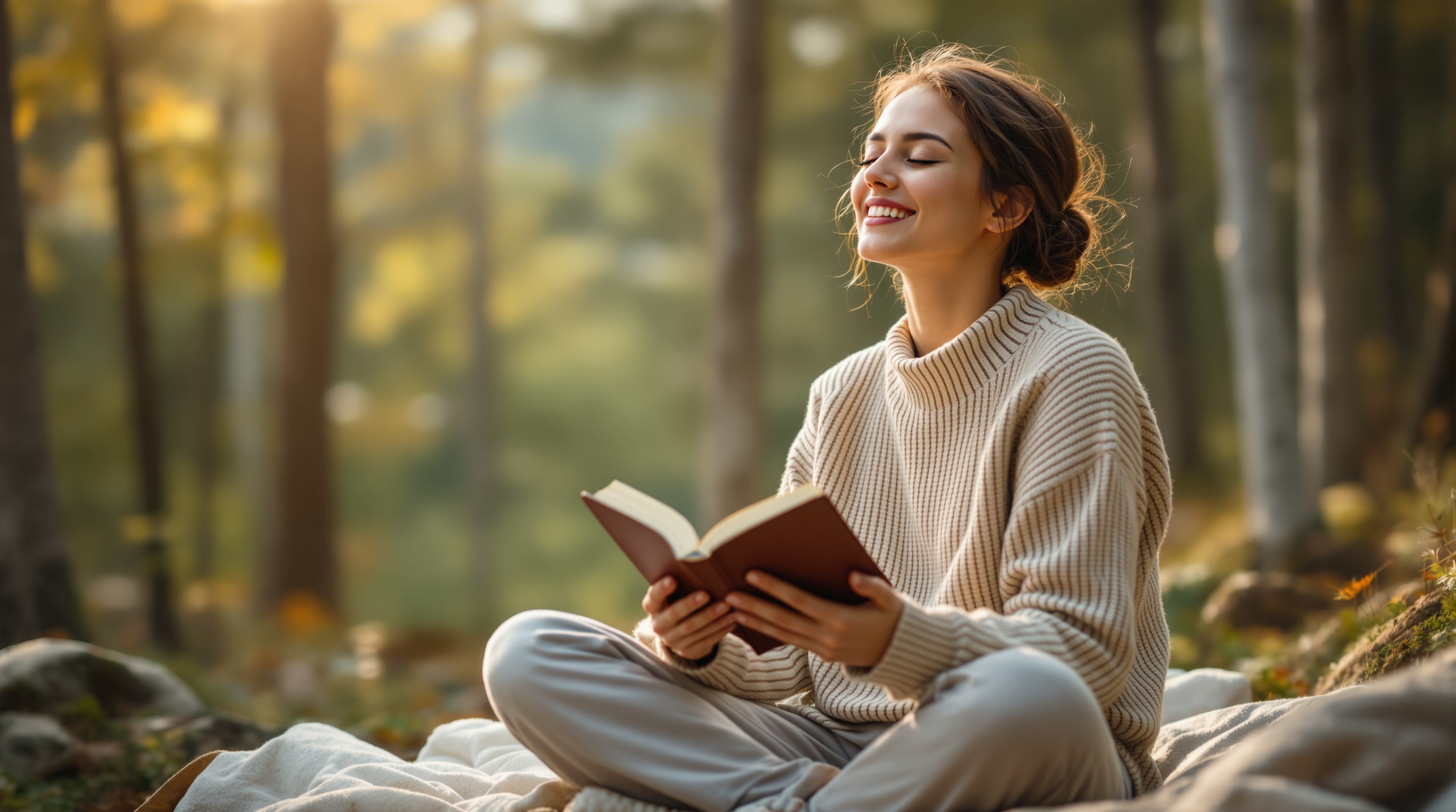 Woman sitting in nature with a book, eyes closed and smiling, representing mental recovery and balance