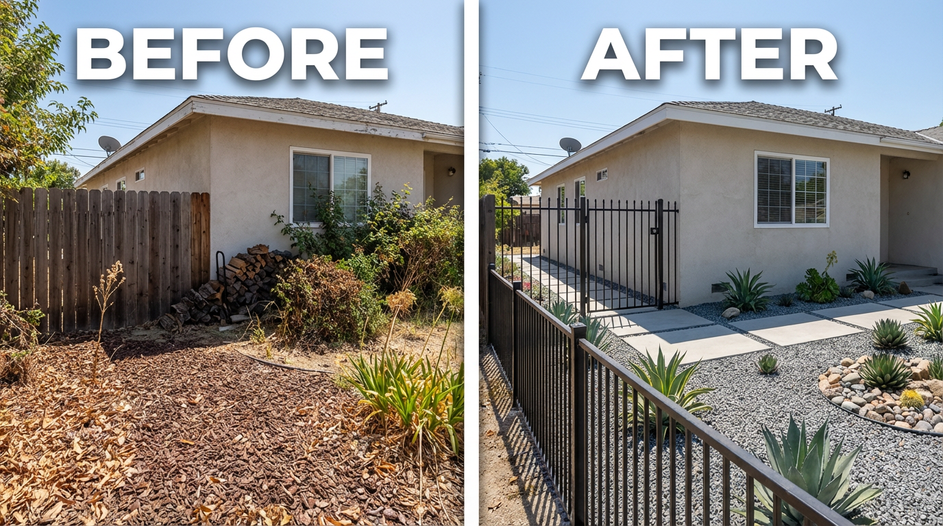 Before and after comparison showing a home transformed from non-compliant combustible materials to Zone 0 compliant hardscaping and wrought iron fence