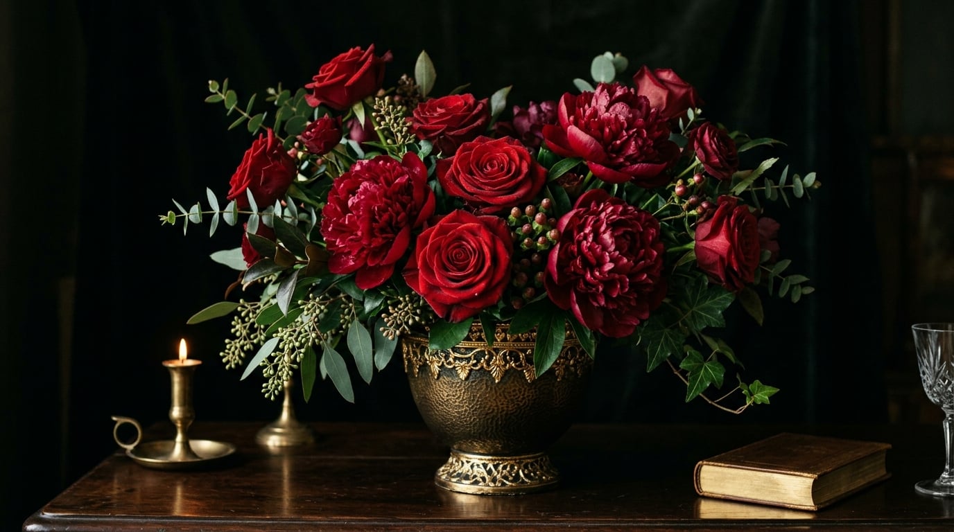 Fresh flower arrangement with dark moody lighting