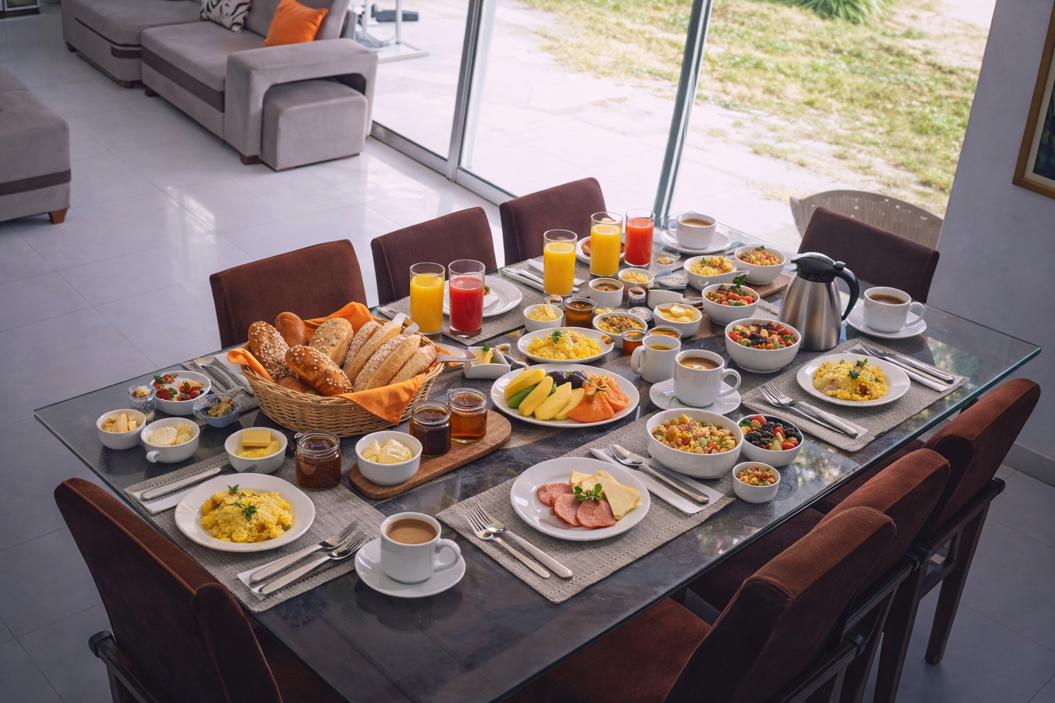 Mesa de desayuno real en Casa Talios con pan artesanal, frutas frescas, jugos naturales y café