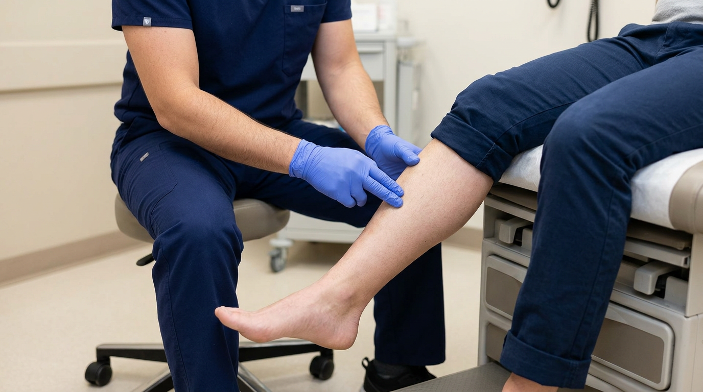 Photograph of a clinician palpating with fingertips down the front edge of a seated patient's shin bone
