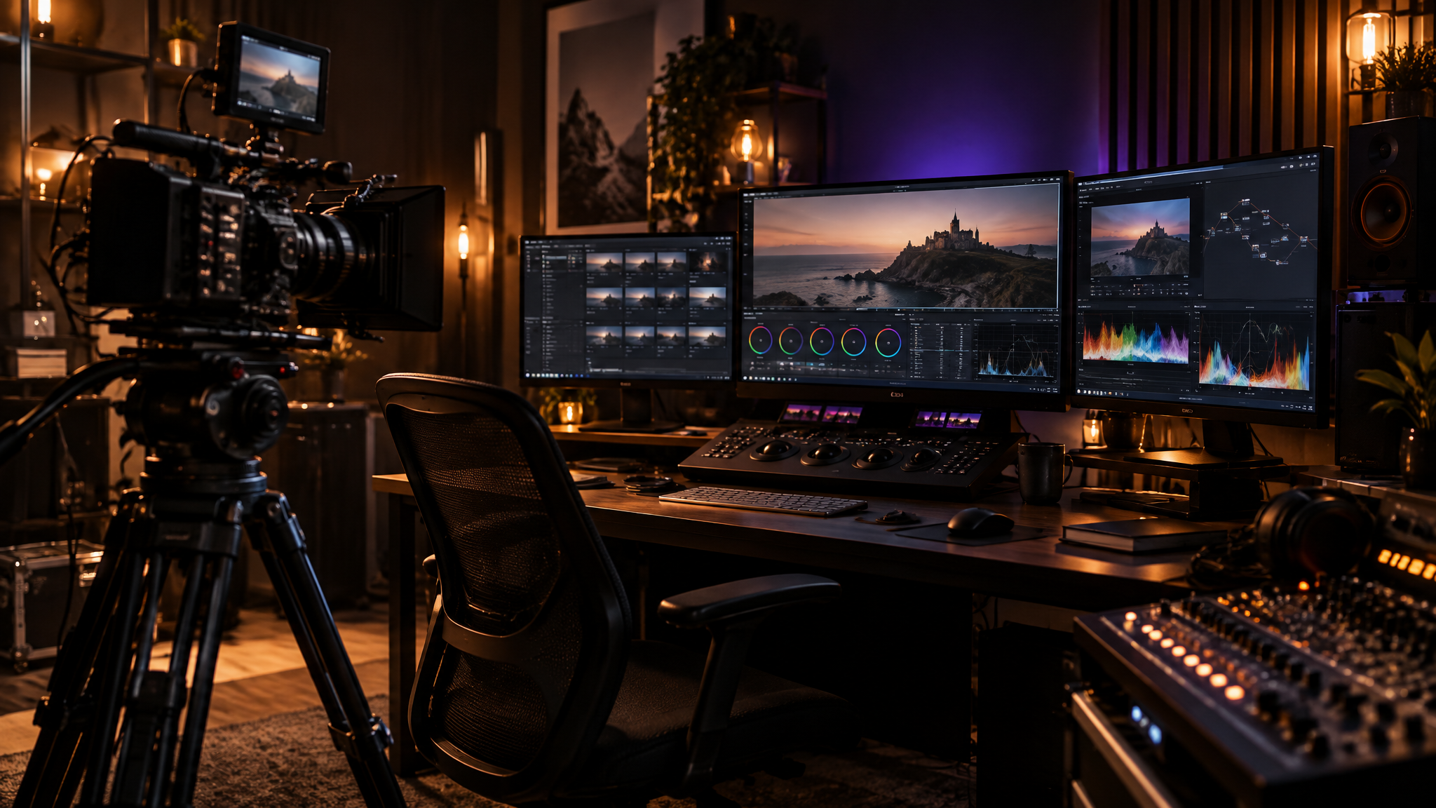 DM Digital Media production studio with editing monitors and camera equipment