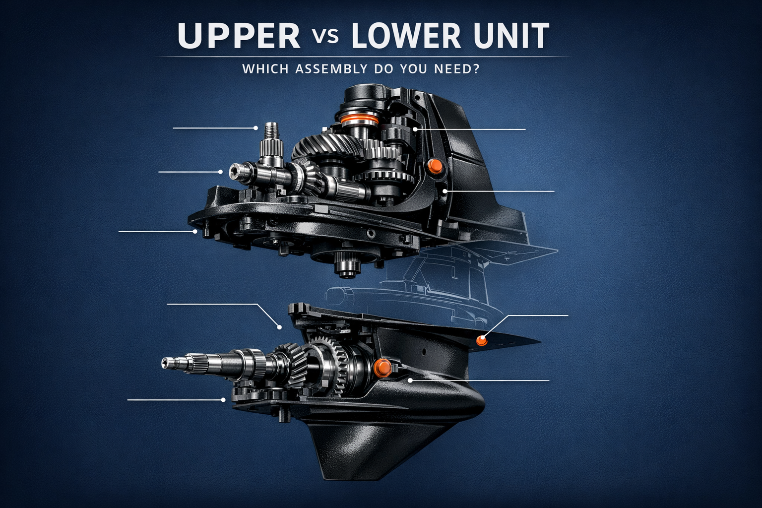 Alpha One Gen II upper unit and lower unit separated to compare sterndrive replacement assemblies