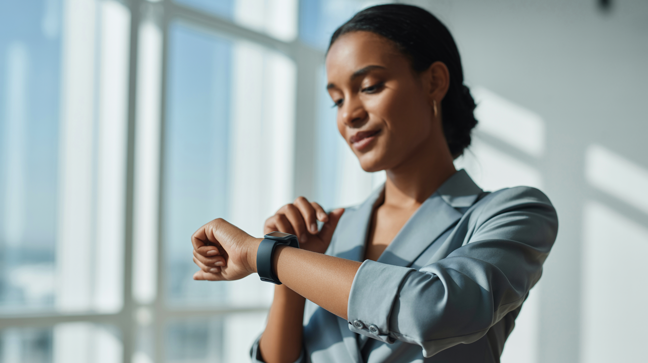 Professional woman monitoring health with smartwatch