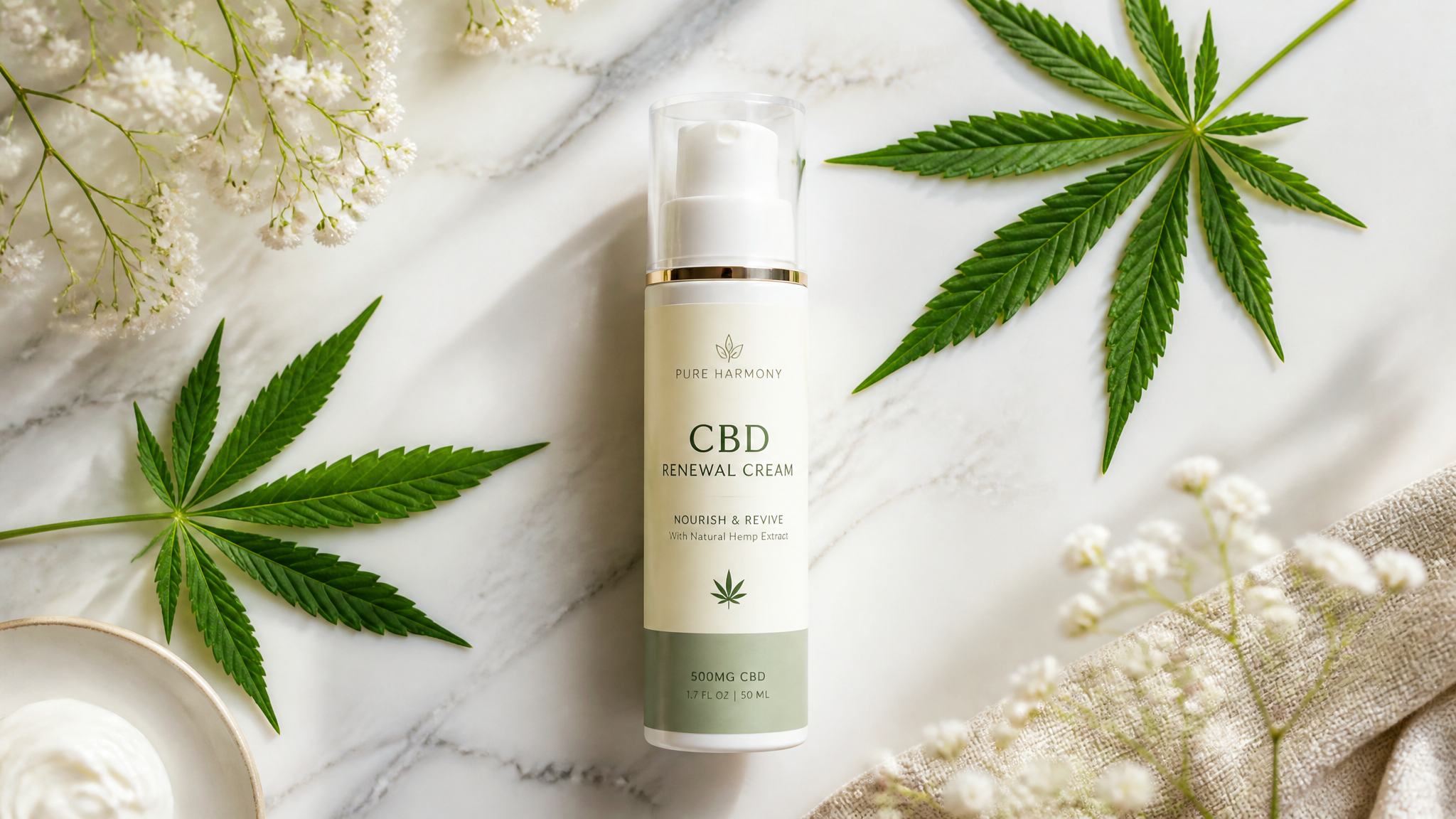 CBD skincare products with hemp leaves on marble surface