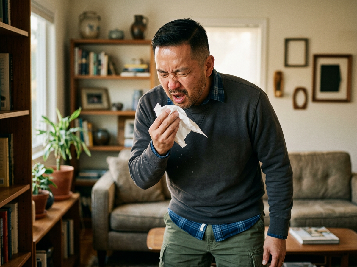 Asian male veteran in his 40s in a sneezing fit at home holding a tissue with visible nasal irritation