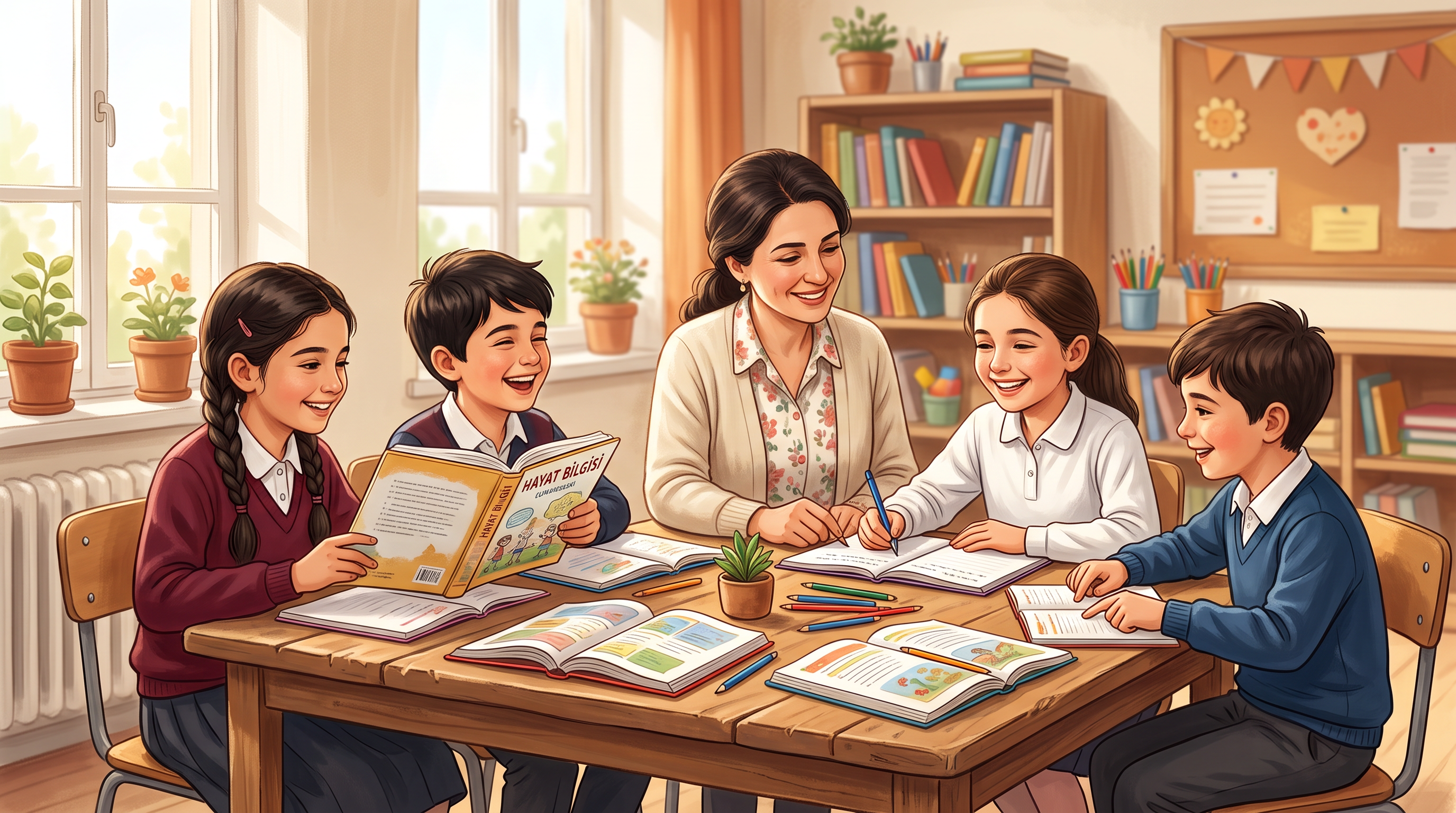 Ücretsiz grup dersinde gönüllü öğretmenle çalışan öğrenciler