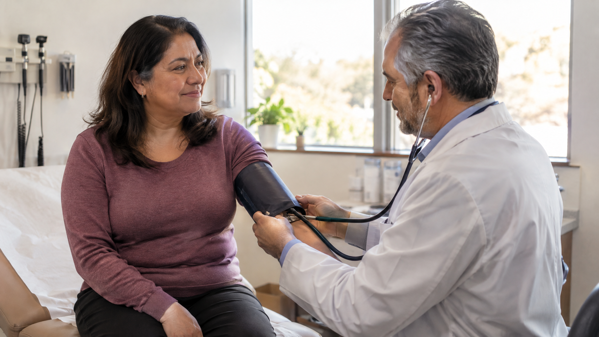 A caregiver at her own checkup while a physician takes her blood pressure