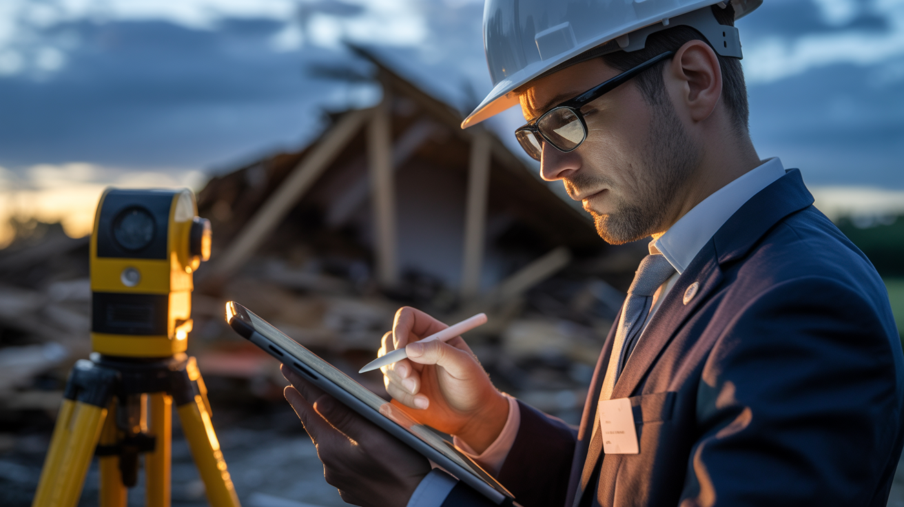 Professional appraiser documenting property damage with precision equipment