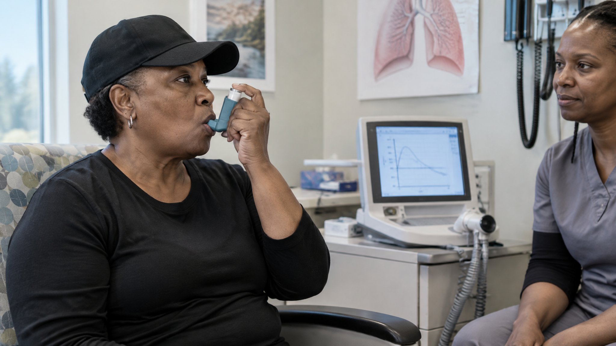 A woman veteran in her fifties wearing a veteran cap using her inhaler in a VA pulmonary clinic