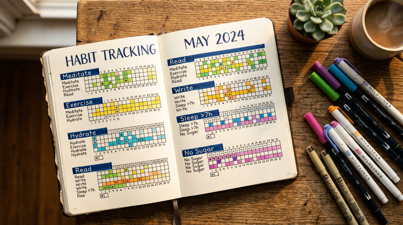 Bullet journal com rastreadores de hábitos e indicadores coloridos para acompanhamento