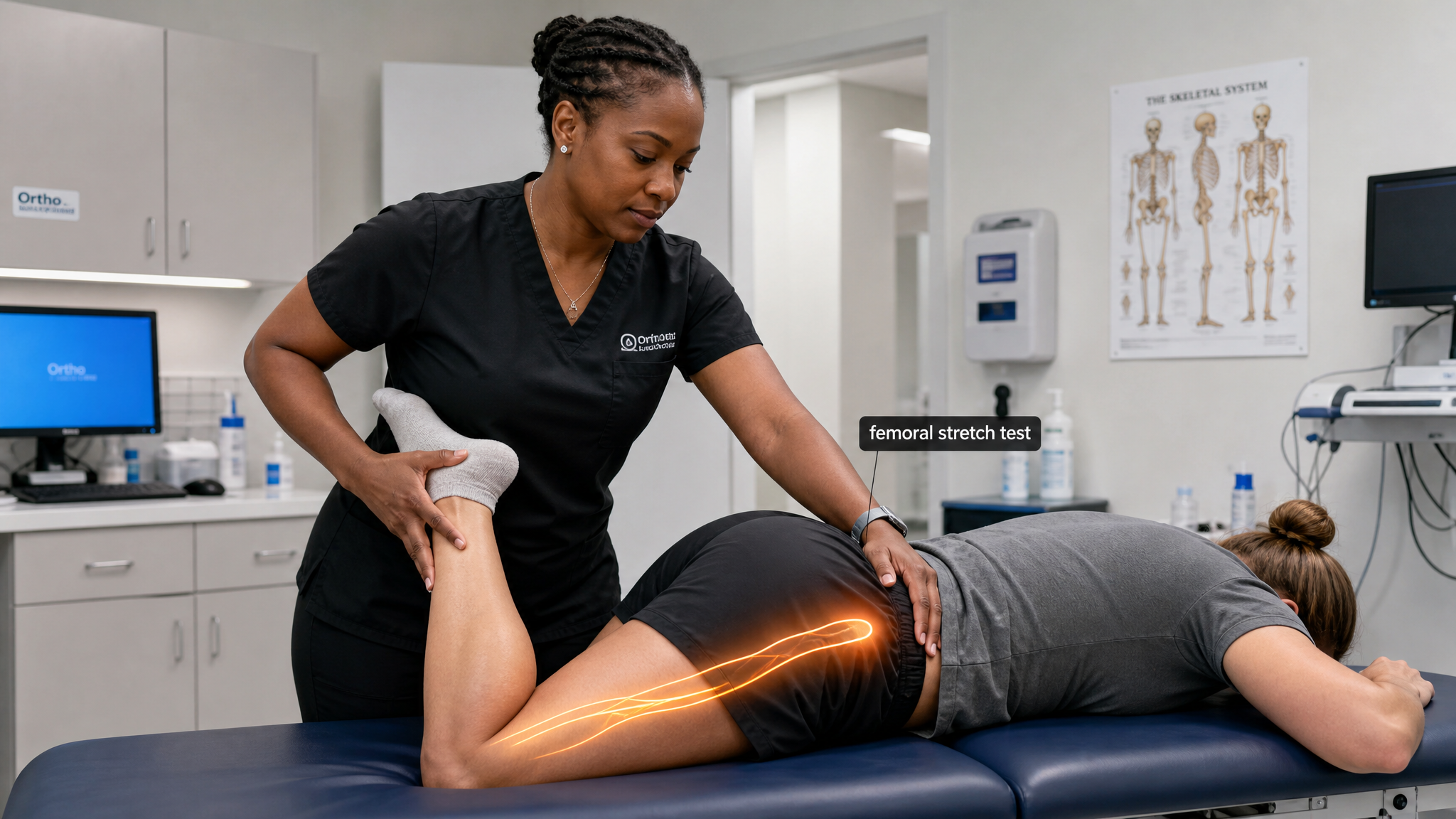Black woman clinician in her 40s performing the femoral nerve stretch test on a prone patient with knee flexed and hip extended, warm amber femoral-nerve glow with a femoral stretch test label