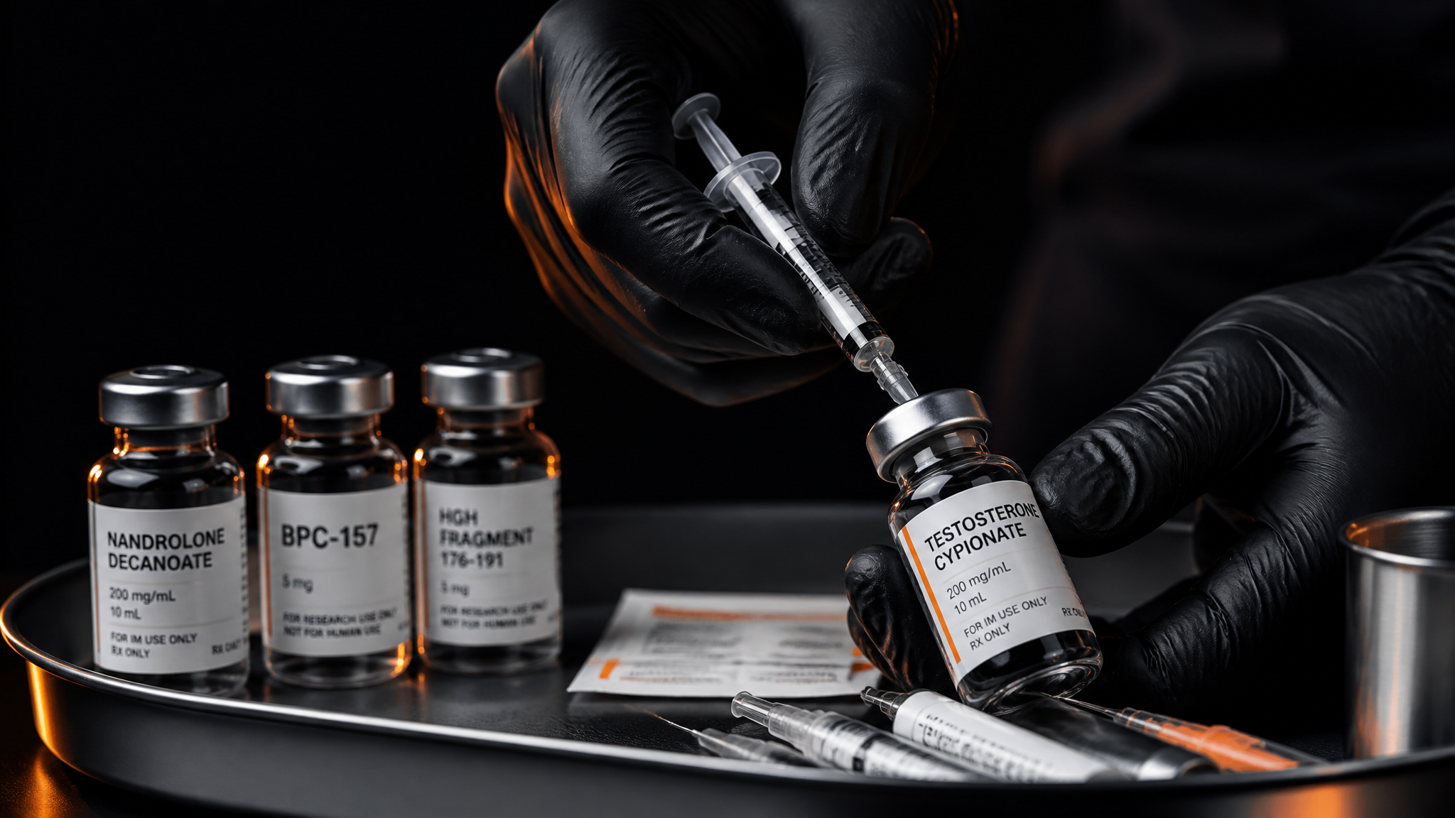 Clinician preparing an athlete energy injection on a gunmetal tray with copper lighting