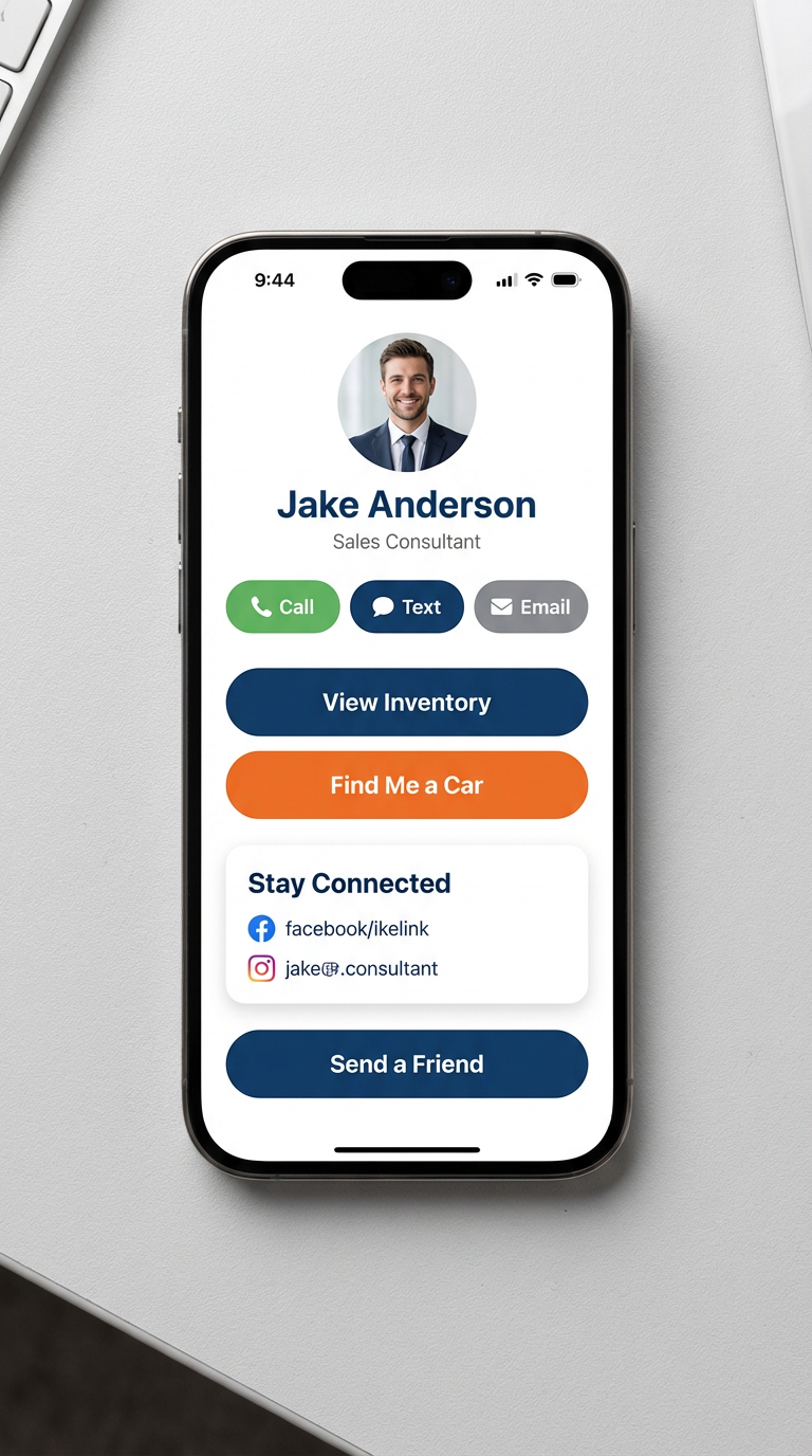 Phone mockup showing the personal car sales app interface